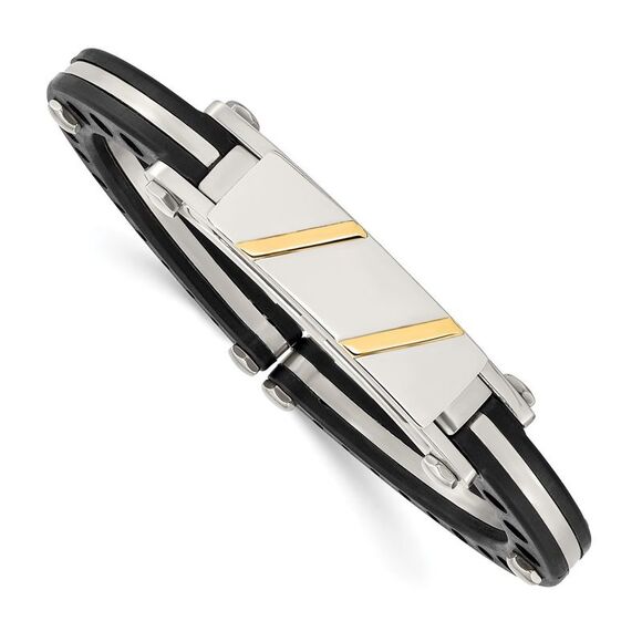 Kazi Luxury Steel Polished with Black PVC & 14k Gold Inlay Hinged Bangle